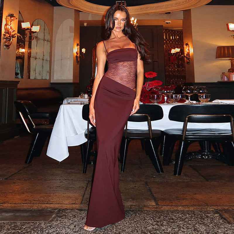 Sina – figurbetontes Maxikleid mit Schnürträgern und transparenter Spitzen-Corsage 3