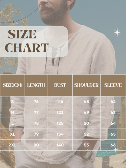 Herren-Leinenhemd mit geschnürtem V-Ausschnitt und langen Ärmeln