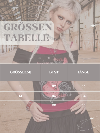 Freesia | Women's Off-Shoulder T-Shirt aus Baumwolle mit kreativem Gitarrenprint, figurbetonte Passform, kurze Ärmel