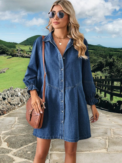 Solvei | Lässiges Denimkleid mit Reverskragen und Frontknöpfen, knielang, Boyfriend-Schnitt für Damen | Dunkelblau 2