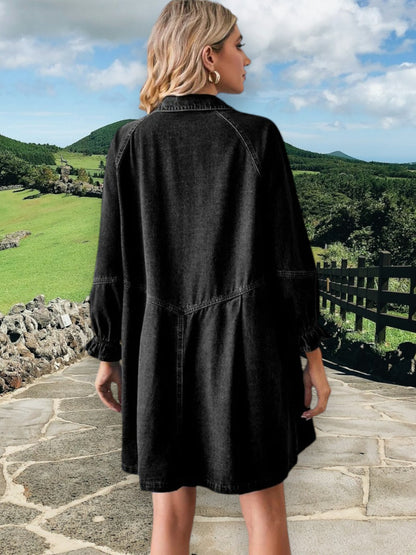 Solvei | Lässiges Denimkleid mit Reverskragen und Frontknöpfen, knielang, Boyfriend-Schnitt für Damen | Schwarz 3