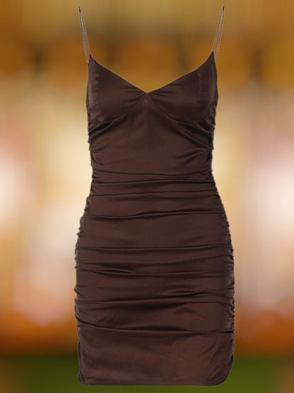 Talia | Figürliches Damen Minikleid aus Satin mit Rüschendetails für festliche Anlässe | Braun 2