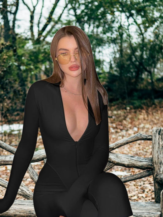 Thalienne | Eleganter Damen Jumpsuit mit Tiefem V-Ausschnitt und Langen Ärmeln für Festliche Anlässe | Schwarz