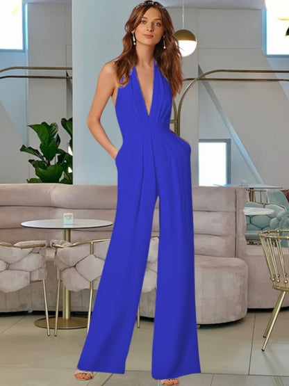 Thalienne | Eleganter ärmelloser Jumpsuit mit tiefem V-Ausschnitt und weitem Bein für festliche Anlässe | Blau