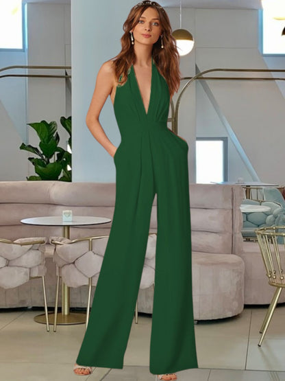Thalienne | Eleganter ärmelloser Jumpsuit mit tiefem V-Ausschnitt und weitem Bein für festliche Anlässe | Grun
