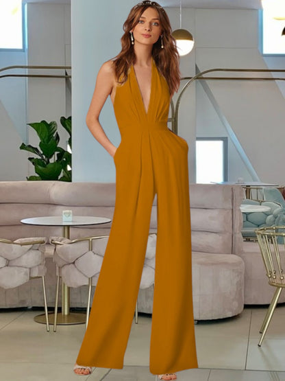 Thalienne | Eleganter ärmelloser Jumpsuit mit tiefem V-Ausschnitt und weitem Bein für festliche Anlässe | Hellbrau