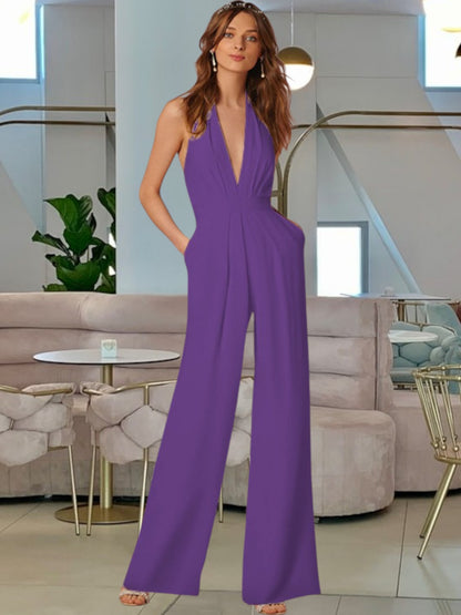 Thalienne | Eleganter ärmelloser Jumpsuit mit tiefem V-Ausschnitt und weitem Bein für festliche Anlässe | Lila