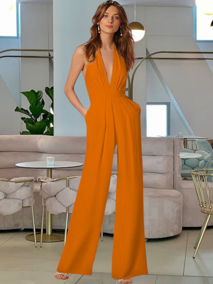 Thalienne | Eleganter ärmelloser Jumpsuit mit tiefem V-Ausschnitt und weitem Bein für festliche Anlässe | Orange