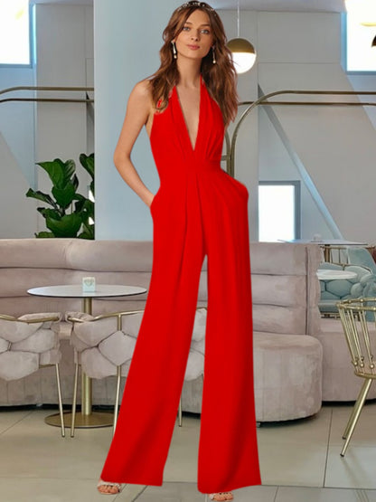 Thalienne | Eleganter ärmelloser Jumpsuit mit tiefem V-Ausschnitt und weitem Bein für festliche Anlässe | Rot