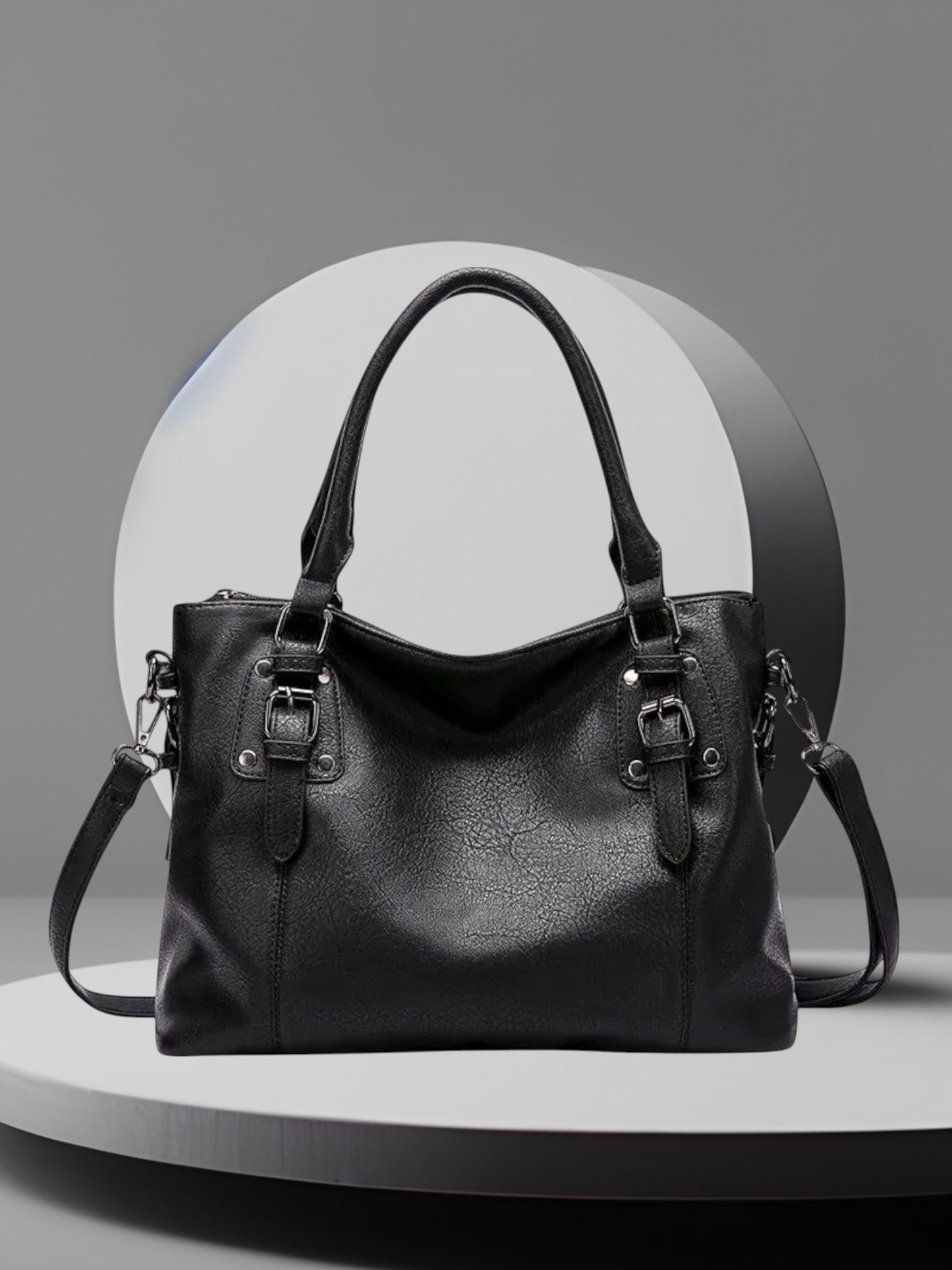 Ulla | Elegante Umhängetasche Damen aus hochwertigem Schweizer Leder mit verstellbarem Riemen und Magnetverschluss | Schwarz