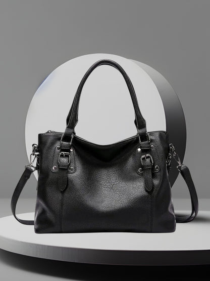 Ulla | Elegante Umhängetasche Damen aus hochwertigem Schweizer Leder mit verstellbarem Riemen und Magnetverschluss | Schwarz