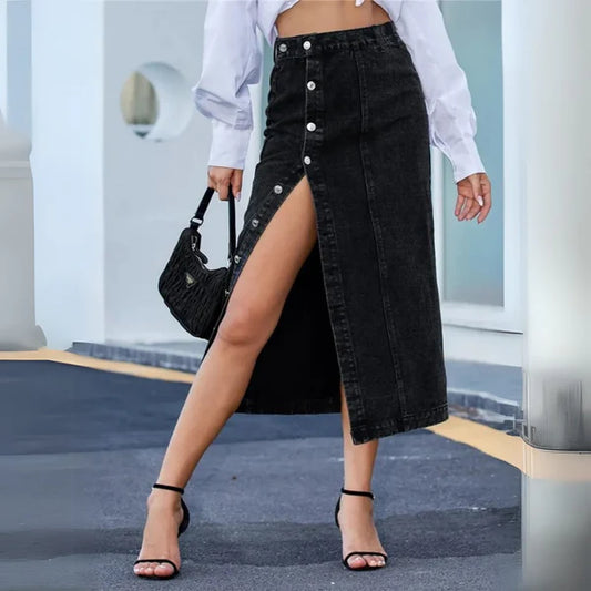 Damen Hohe Taille Denim Rock – Sexy Seitenknöpfe & Unregelmäßige Schlitze, Skinny Fit
