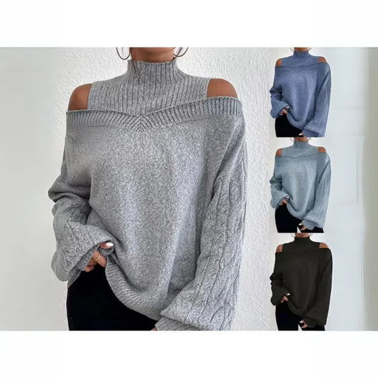 Off-Shoulder Langarm-Pullover – Lockerer Strickcardigan für Damen