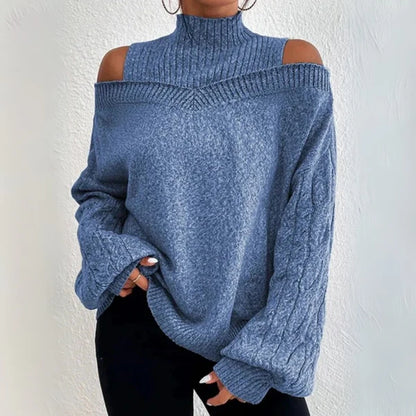 Off-Shoulder Langarm-Pullover – Lockerer Strickcardigan für Damen