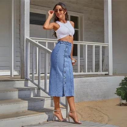 Damen Hohe Taille Denim Rock – Sexy Seitenknöpfe & Unregelmäßige Schlitze, Skinny Fit