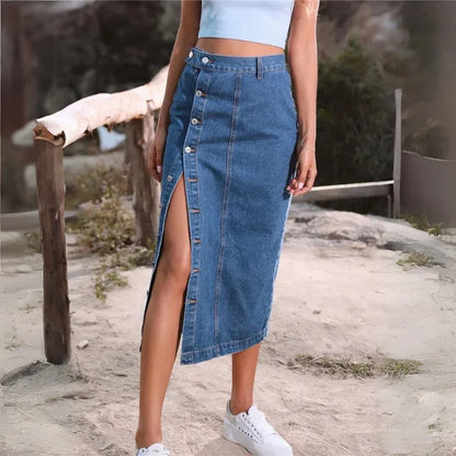 Damen Hohe Taille Denim Rock – Sexy Seitenknöpfe & Unregelmäßige Schlitze, Skinny Fit
