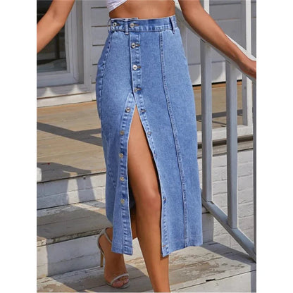 Damen Hohe Taille Denim Rock – Sexy Seitenknöpfe & Unregelmäßige Schlitze, Skinny Fit