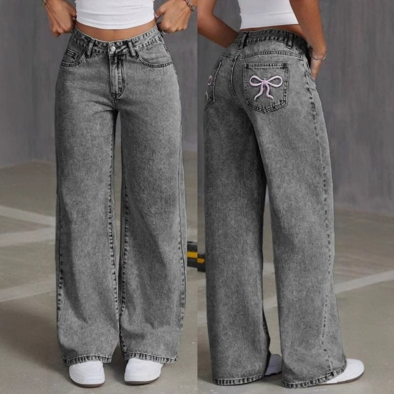 Damen Vintage Bow Stickerei Jeans - Gerade Lockere Passform Denim Hose