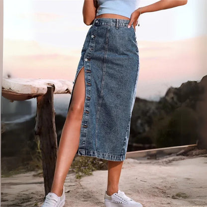 Damen Hohe Taille Denim Rock – Sexy Seitenknöpfe & Unregelmäßige Schlitze, Skinny Fit