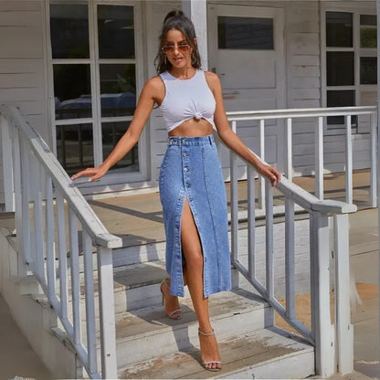 Damen Hohe Taille Denim Rock – Sexy Seitenknöpfe & Unregelmäßige Schlitze, Skinny Fit