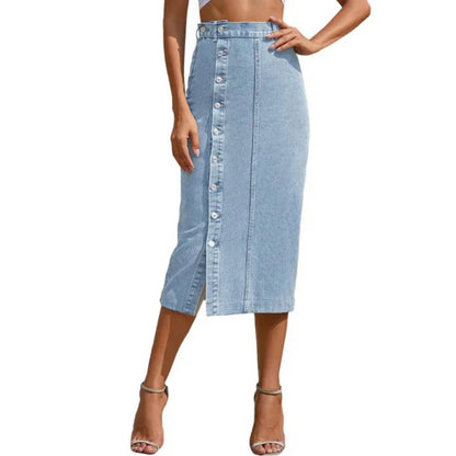 Damen Hohe Taille Denim Rock – Sexy Seitenknöpfe & Unregelmäßige Schlitze, Skinny Fit