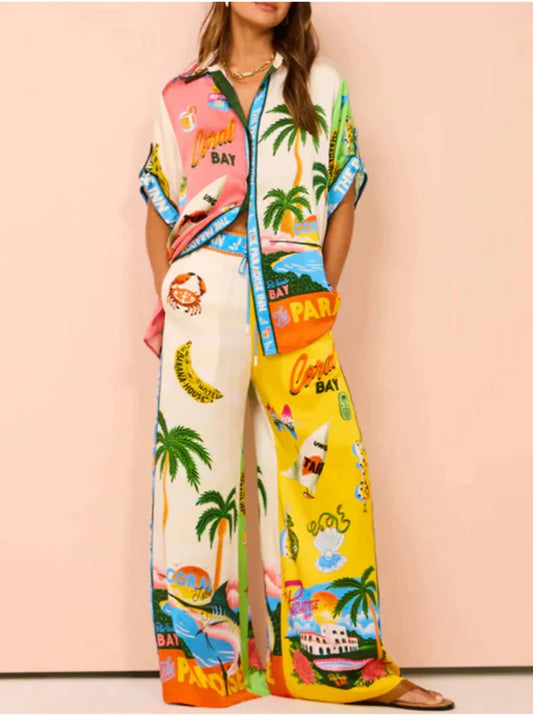 Damen Hawaii Hemd & Hosen Set – Einreiher, Kurzstyle, Bunter Druck
