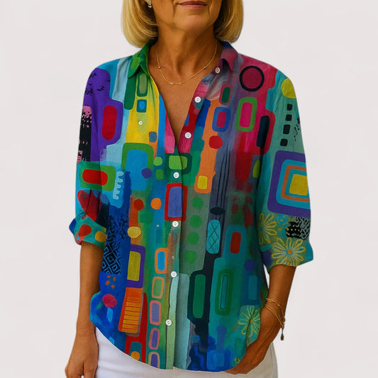 Sommer Bluse Damen | Bunter Kunstprint & Knopfleiste