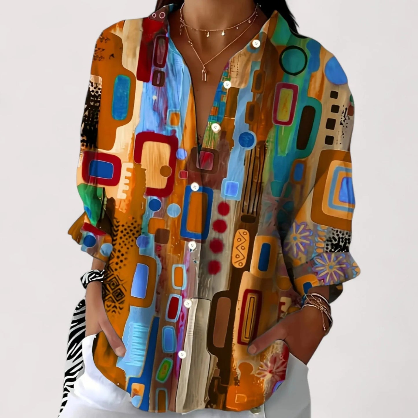 Sommer Bluse Damen | Bunter Kunstprint & Knopfleiste