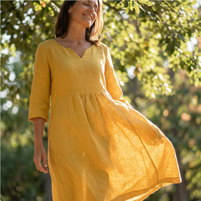 V-Ausschnitt Freizeitkleid für Frauen mit 3/4 Ärmeln und Taschen 1