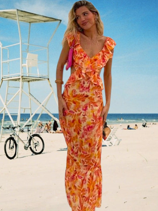 V-Ausschnitt Maxi-Kleid mit Fledermaushülsen und zerrüsteten Details