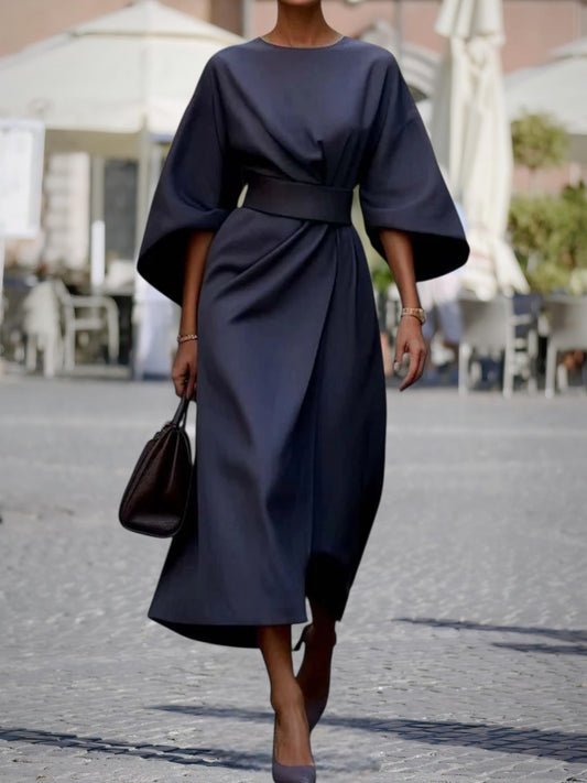 Véda | Elegantes Damenkleid mit Laternenärmeln und verstellbarer Taille für festliche Anlässe | Blau