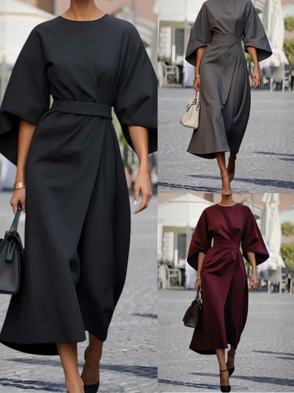 Véda | Elegantes Damenkleid mit Laternenärmeln und verstellbarer Taille für festliche Anlässe | Braun 2