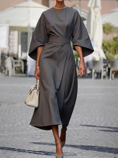 Véda | Elegantes Damenkleid mit Laternenärmeln und verstellbarer Taille für festliche Anlässe | Grau