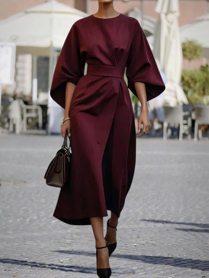 Véda | Elegantes Damenkleid mit Laternenärmeln und verstellbarer Taille für festliche Anlässe | Rot