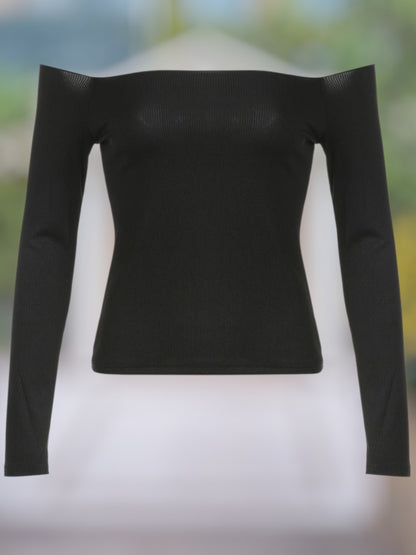 Veda | Elegantes figurbetontes Langarm-Oberteil mit schulterfreiem Design aus elastischem Stoff | Schwarz 5