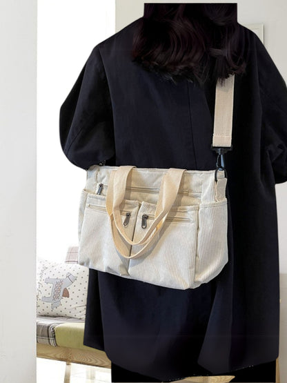  Velvettote  | Stilvolle Cord-Umhängetasche Damen mit Verstellbarem Schultergurt und Reißverschluss | Weiß 4