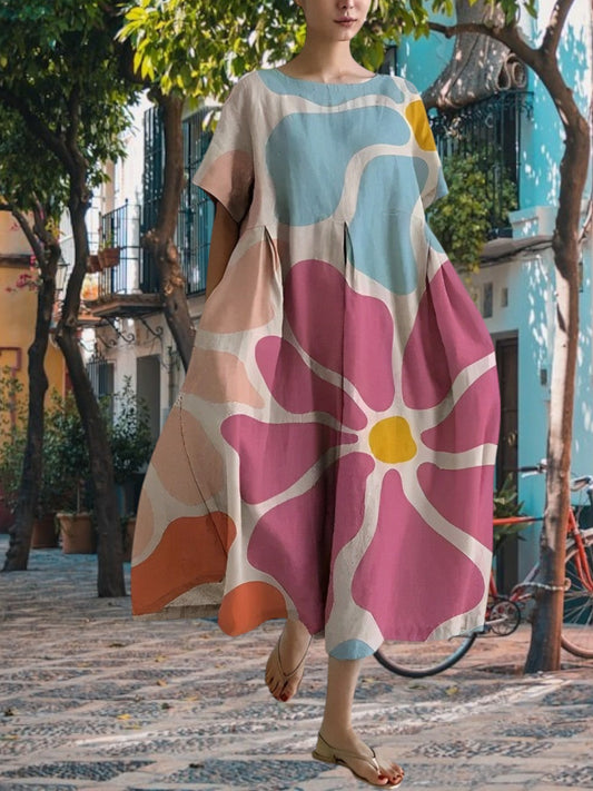 Vilda | Elegantes Damenkleid mit Blumendruck aus Baumwolle, figurbetont, kurzarm, ideal für festliche Anlässe | Rosa