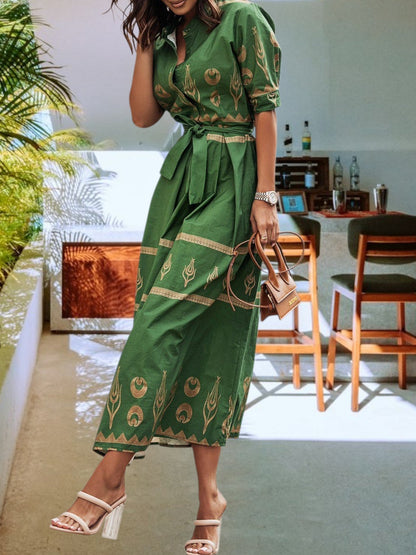 Vintage Midi -Kleid - elegantes Hochtülendesign mit Knöpfen, Gürtel, Modedruck und kurzen Ärmeln