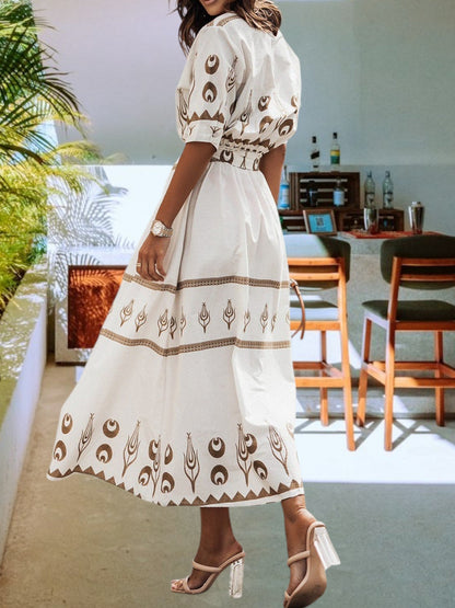 Vintage Midi -Kleid - elegantes Hochtülendesign mit Knöpfen, Gürtel, Modedruck und kurzen Ärmeln