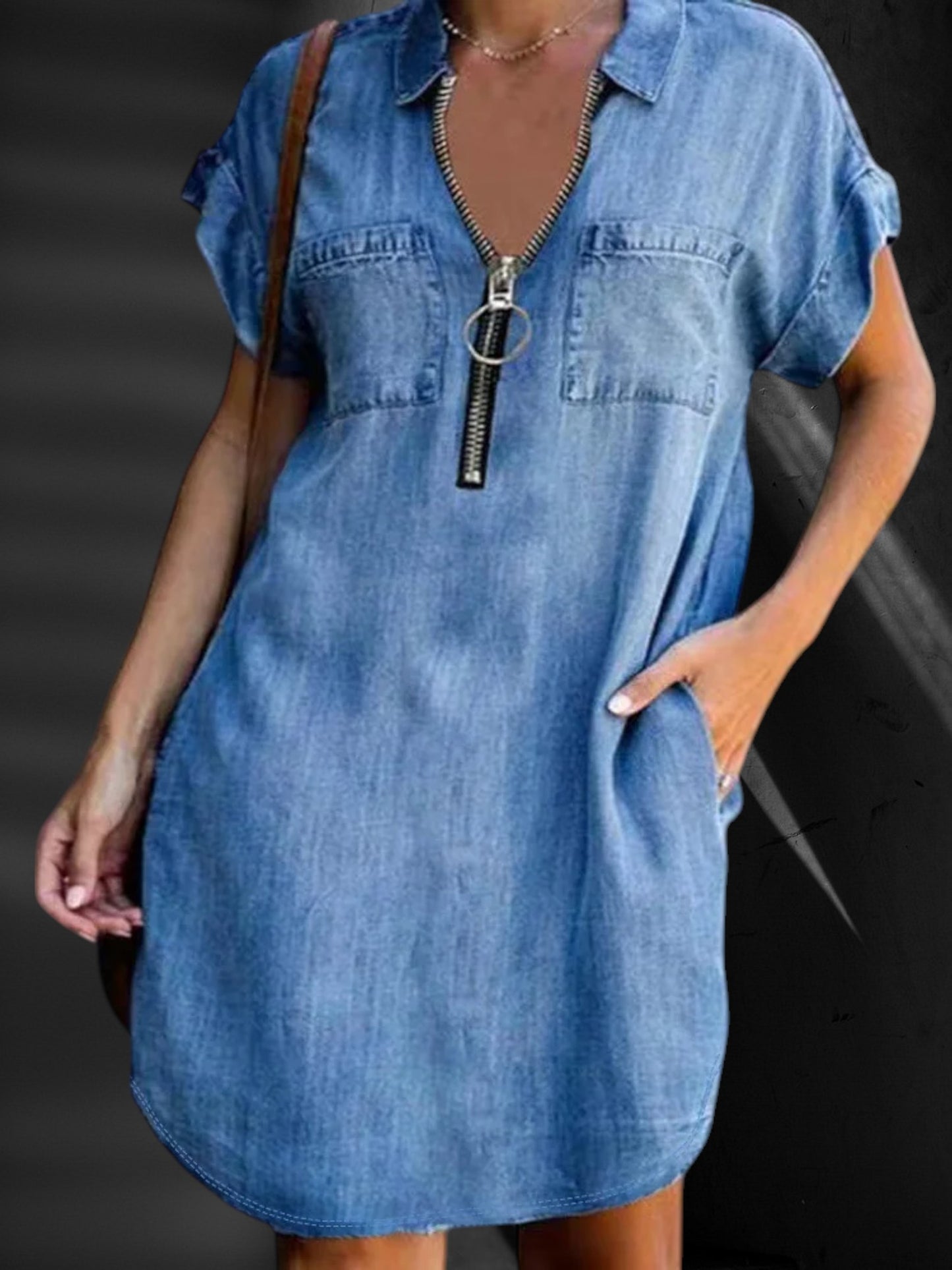 Wenche | Elegantes Damen Jeanskleid, Schmeichelnde Passform, Kurze Ärmel, Knielang, Minimalistisches Design| Blau