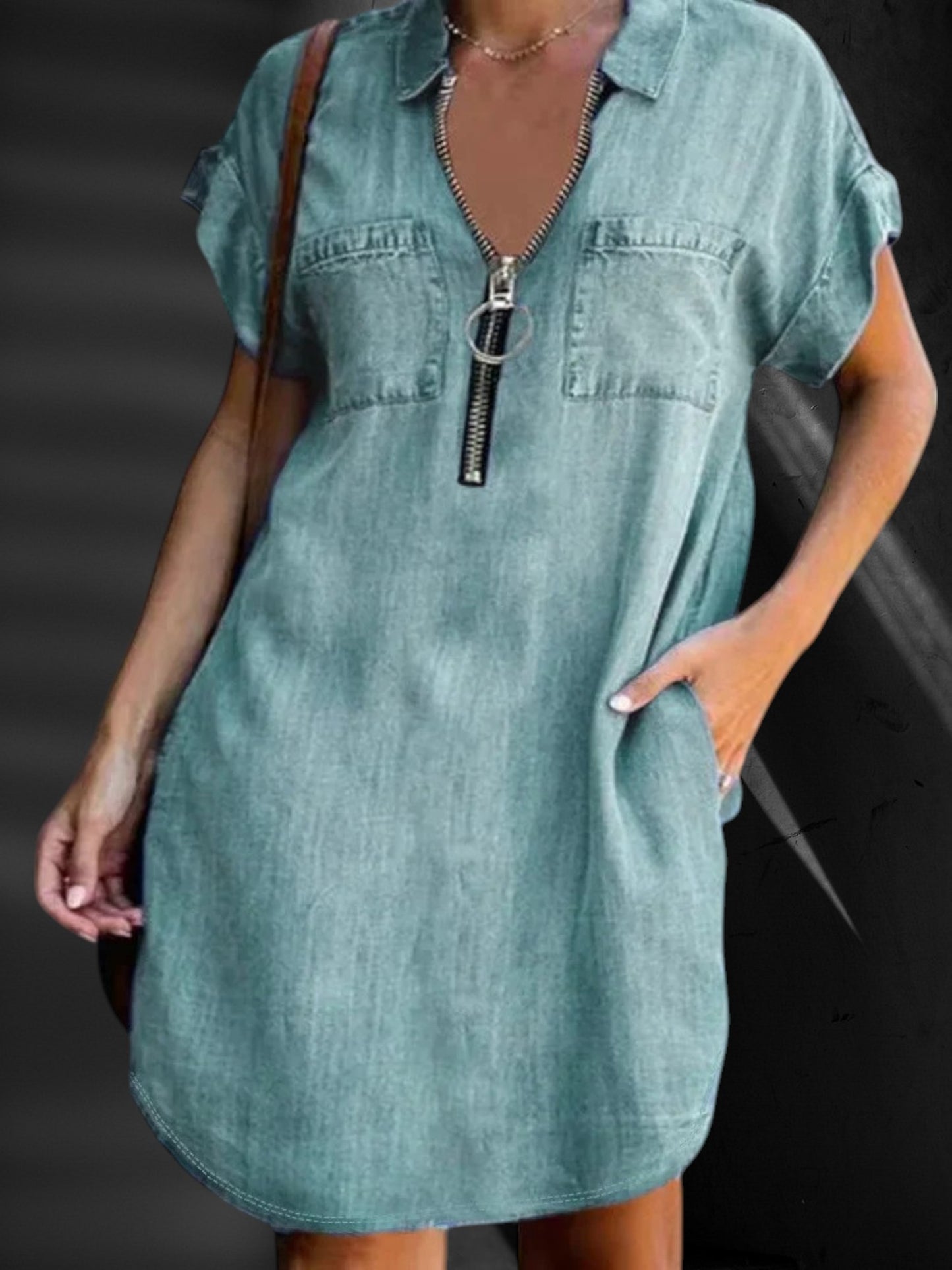 Wenche | Elegantes Damen Jeanskleid, Schmeichelnde Passform, Kurze Ärmel, Knielang, Minimalistisches Design| Grun