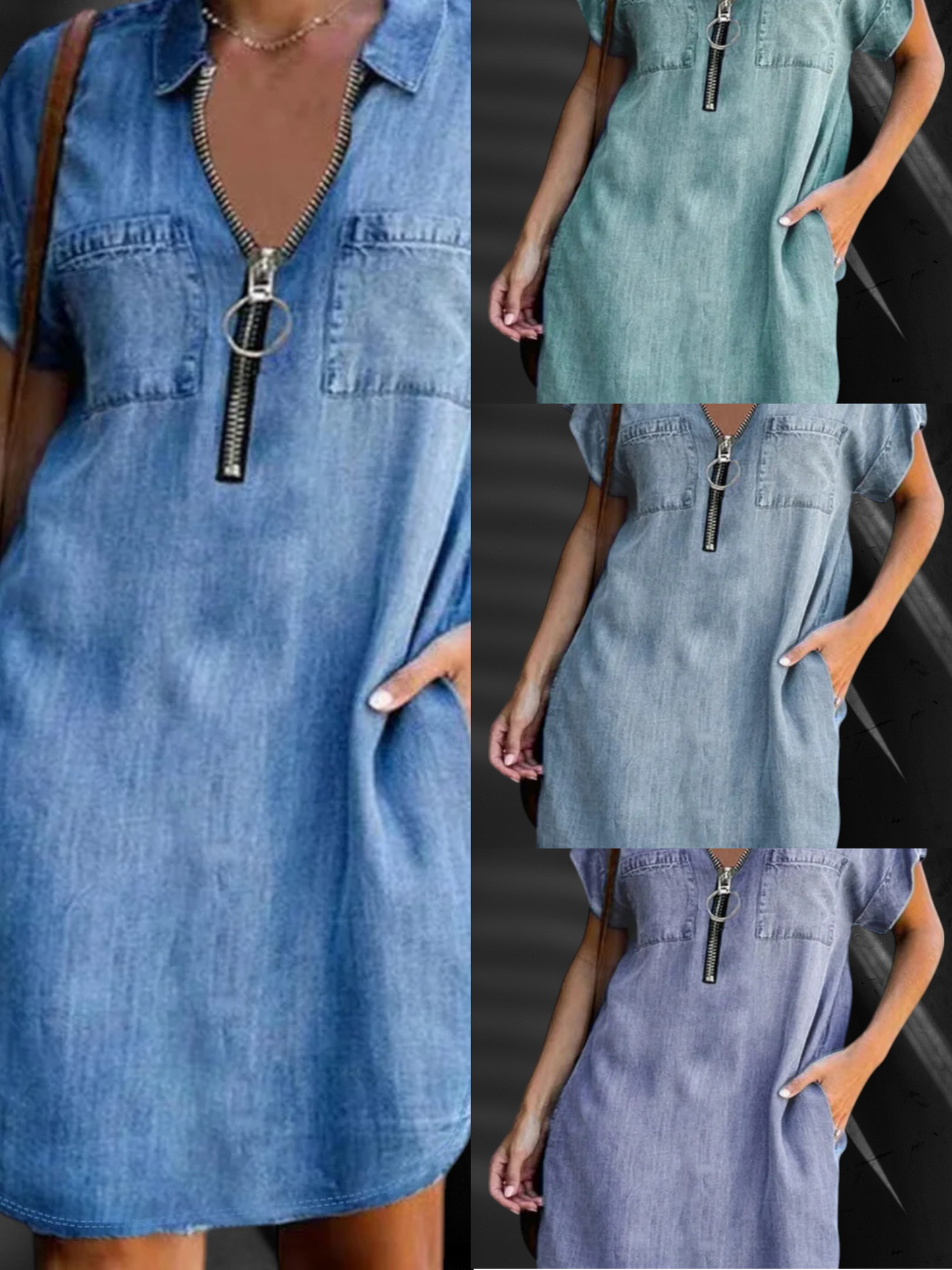 Wenche | Elegantes Damen Jeanskleid, Schmeichelnde Passform, Kurze Ärmel, Knielang, Minimalistisches Design| Grun 2