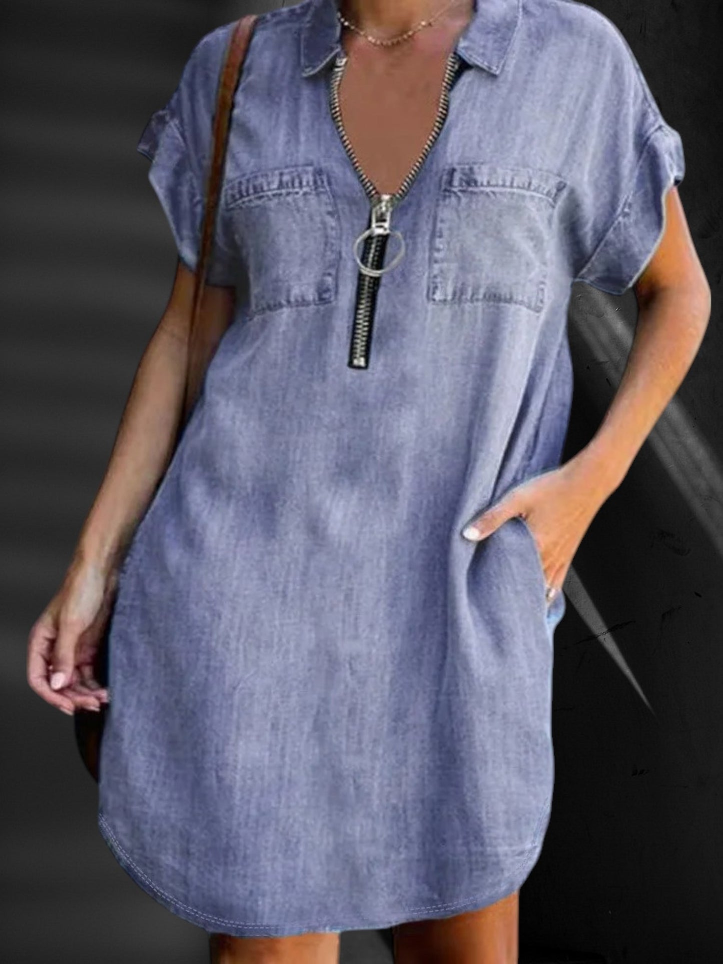 Wenche | Elegantes Damen Jeanskleid, Schmeichelnde Passform, Kurze Ärmel, Knielang, Minimalistisches Design| Lila