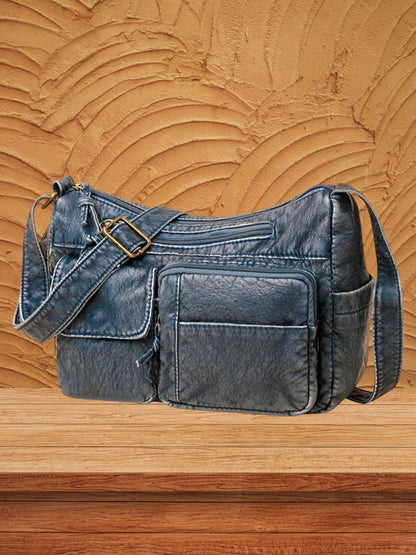 Wenna | Klassische Ledertasche Damen im Old-School-Stil mit geräumigem Innenraum | Blau