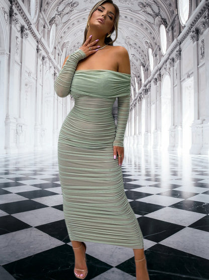 Wrenley | Elegantes Off-Shoulder Maxikleid für Damen mit Rüschendetails und figurbetontem Schnitt | Hellgrun 2