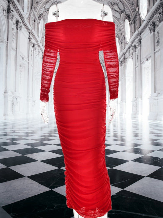 Wrenley | Elegantes Off-Shoulder Maxikleid für Damen mit Rüschendetails und figurbetontem Schnitt | Rot