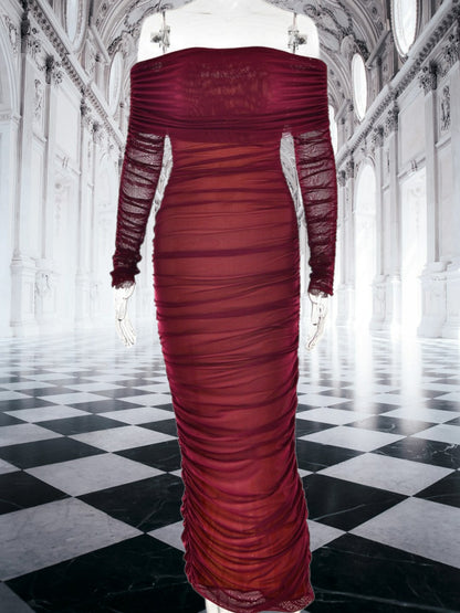 Wrenley | Elegantes Off-Shoulder Maxikleid für Damen mit Rüschendetails und figurbetontem Schnitt | Rotwein
