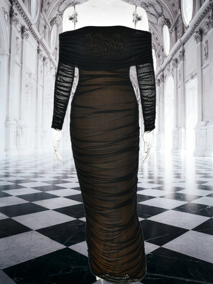 Wrenley | Elegantes Off-Shoulder Maxikleid für Damen mit Rüschendetails und figurbetontem Schnitt | Schwarz