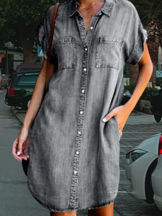 Xenia | Elegantes Damen-Denim-Kleid mit schmeichelhaftem Schnitt, kurze Ärmel, aus hochwertigem Denim, ideal für den Alltag | Grau