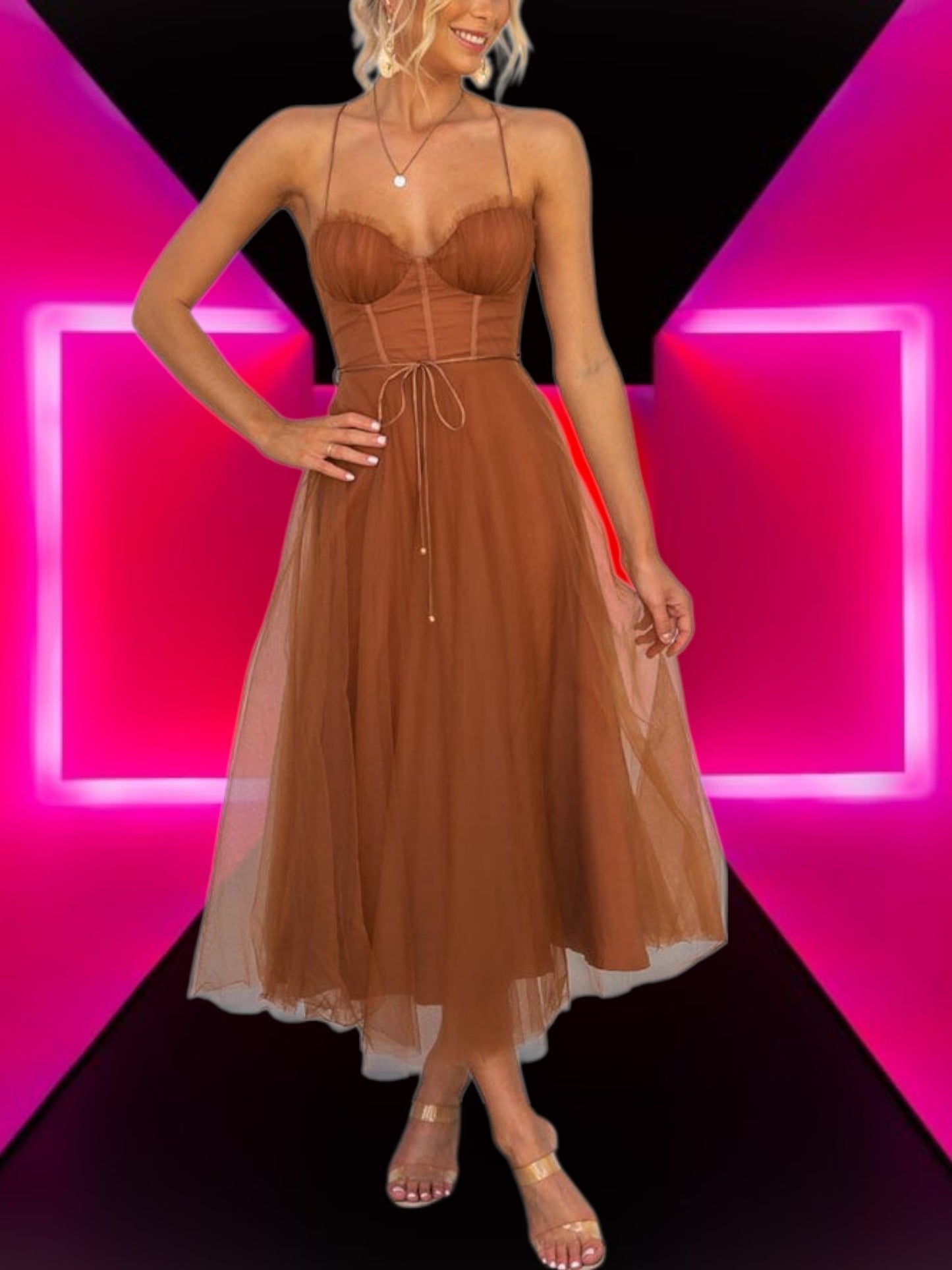 Ysoria | Elegantes Maxikleid aus leichtem Chiffon Mit Ärmeln | Braun